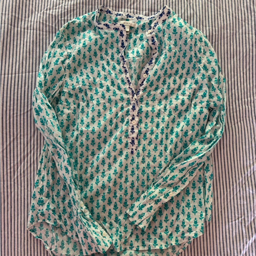 JCrew Collarless Button Down Green and White Women's Top 8